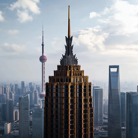 城市地标建筑尖顶大厦鸟瞰全景