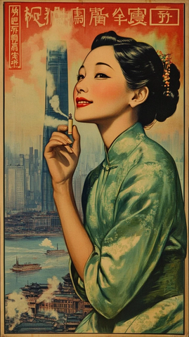 身着旗袍女子吸烟的复古风格海报