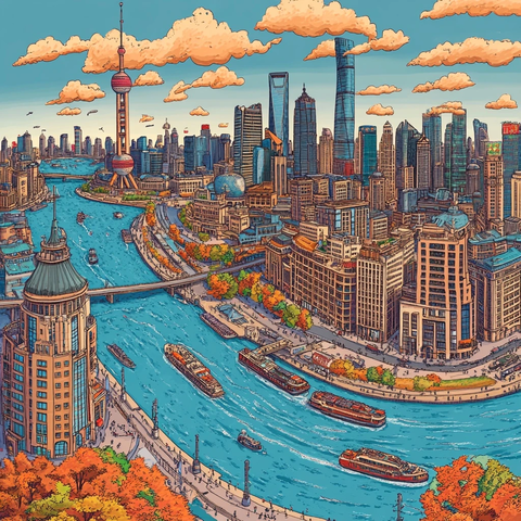 黄浦江畔的上海城市天际线全景