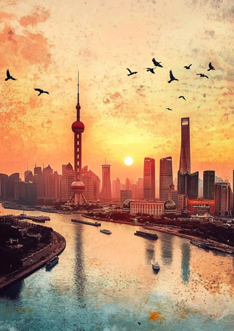 黄浦江畔东方明珠的黄昏鸟瞰全景