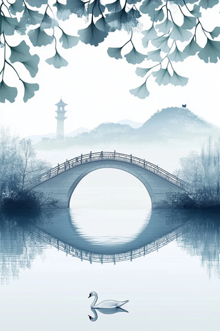 水墨风格的拱桥山水图