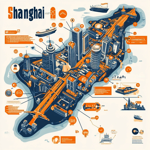 上海城市建筑及地标元素的插画地图