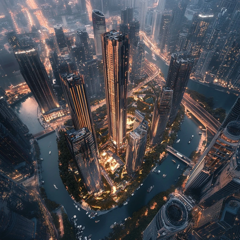 俯瞰城市夜景中的高楼大厦