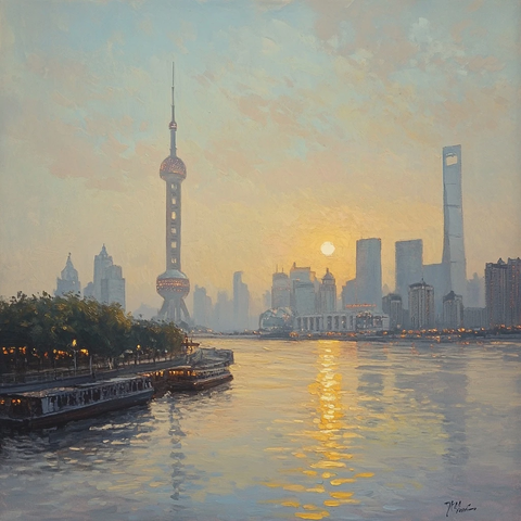 东方明珠下的城市景观与江面风景