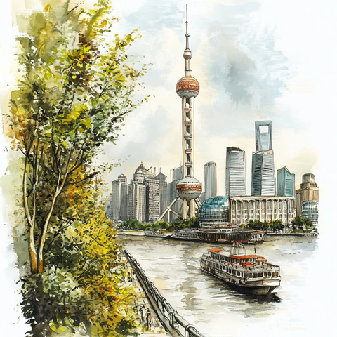 东方明珠塔下的黄浦江畔