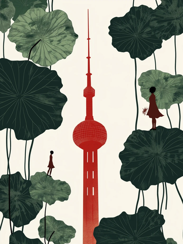 东方明珠塔旁有荷叶和人影的艺术画
