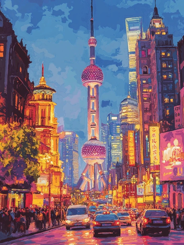 东方明珠夜景下的城市街道繁华景象