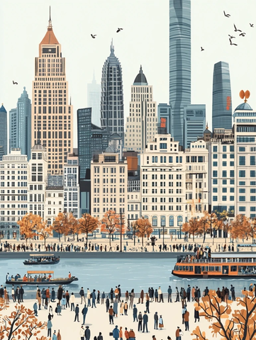 城市滨水区域的热闹景象