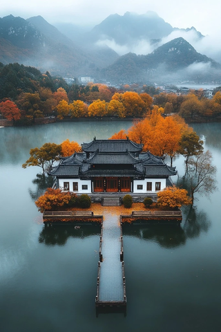 水上古建景观云雾缭绕的山水秋景