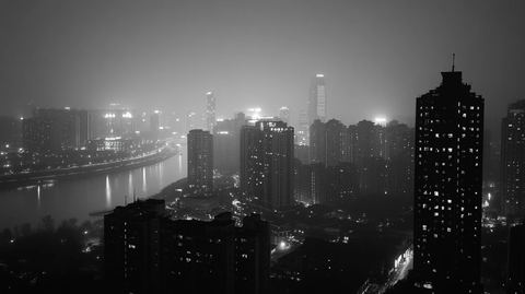 雾霭中灯火通明的城市夜景