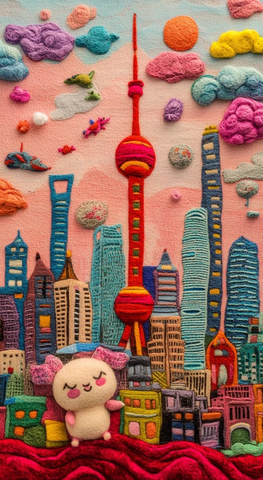 城市景观与可爱玩偶的创意艺术结合