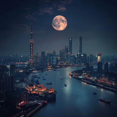 黄浦江畔满月夜景下的上海都市风貌