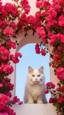 猫站在花墙间