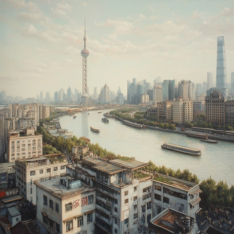 上海外滩城市景观及黄浦江的全景风貌