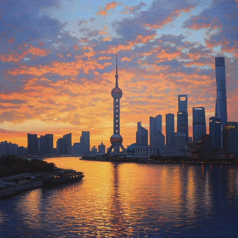 黄浦江畔东方明珠及陆家嘴建筑群夜景