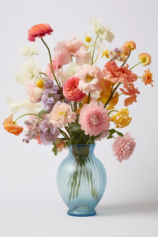 花朵在透明花瓶中的自然排列