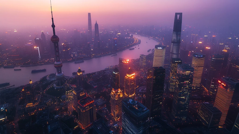 上海外滩建筑群黄昏鸟瞰全景