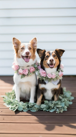 两只狗佩戴彩色花环