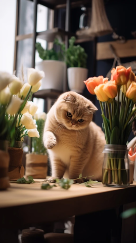 英国短毛猫在花店制作花束