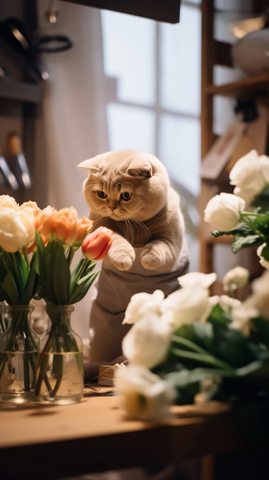 英国短毛猫在花店制作花束