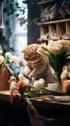 英国短毛猫在花店制作花束