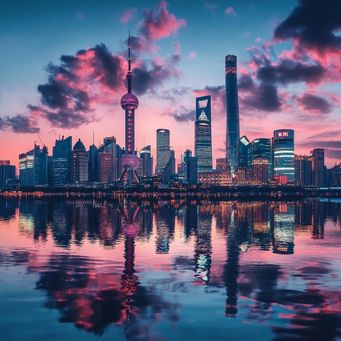 上海陆家嘴天际线黄昏倒影全景