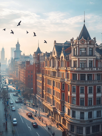 欧式风格建筑林立的城市街道景象