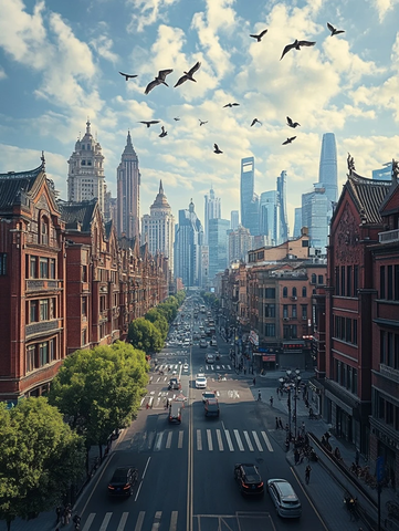 城市街道风景鸟瞰古今建筑交相辉映