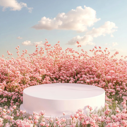 白色展台与牡丹花田背景