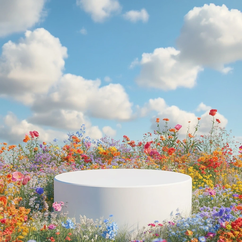 白色讲台与野花云景