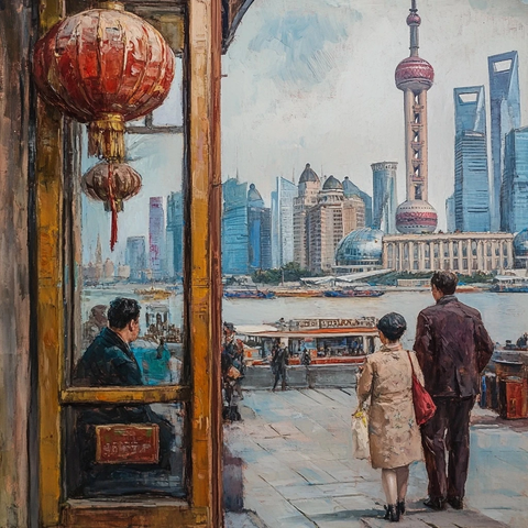 城市街头行人漫步外滩畔赏高楼风光