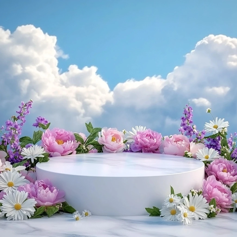 白色讲台与花海背景