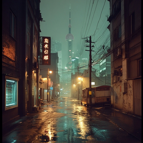 雨夜城市小巷东方明珠塔伫立远方