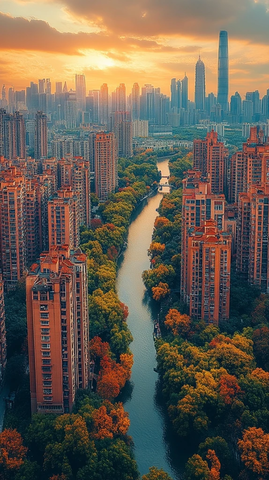 城市河流两岸林立高楼的壮丽景象