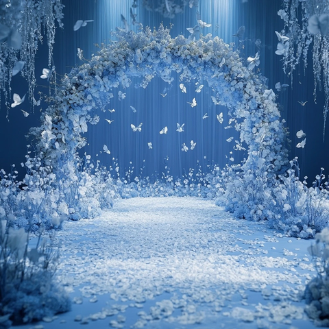 蓝色婚礼舞台与白色花拱