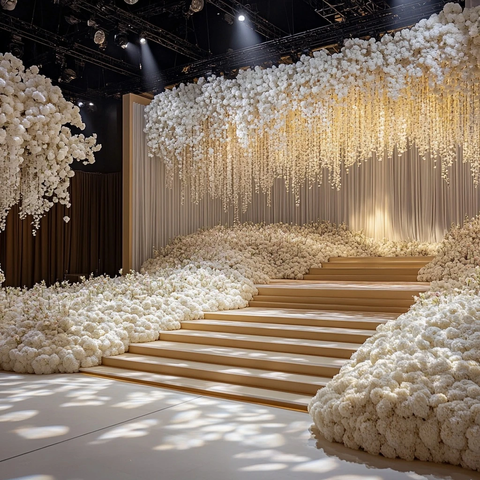 白色花朵覆盖地板和楼梯