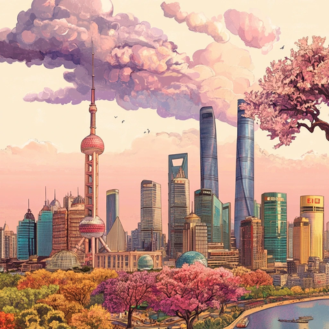 现代都市建筑与盛开樱花树的融合景象