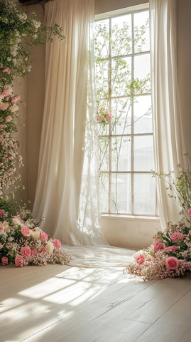 白色丝绸窗帘与粉色花卉