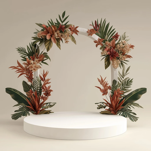 白色讲台与热带花拱门