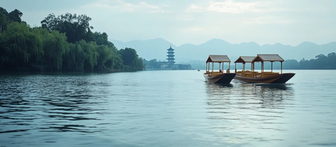 湖面上的小船与远处的古塔
