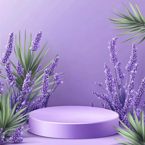 紫色薰衣草讲台模型与绿色棕榈叶
