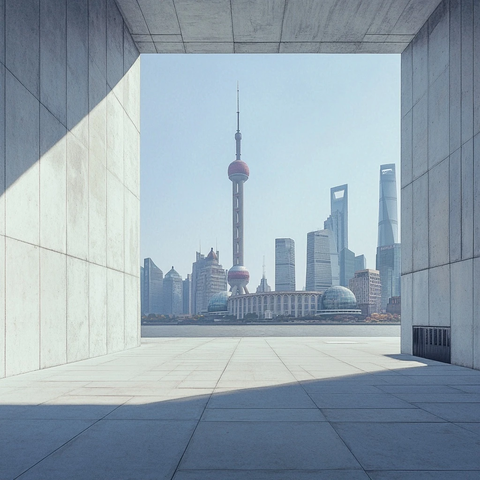 透过建筑框架看东方明珠及陆家嘴建筑群