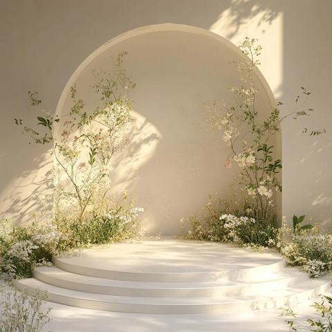 圆形舞台白色拱门绿植环绕