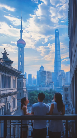 三人阳台赏城市风光东方明珠等地标入画