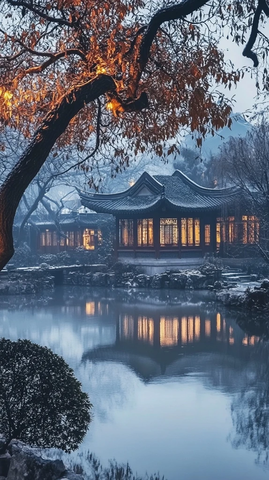 水边中式古建筑夜景倒影如画