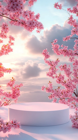 白色圆台与粉色樱花