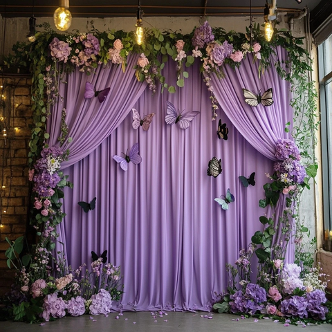紫色窗帘蝴蝶花婚礼摄影背景