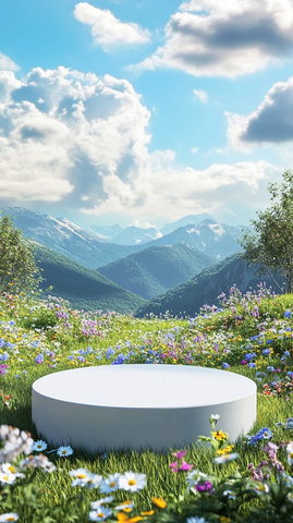 白色圆形展台与野花草地