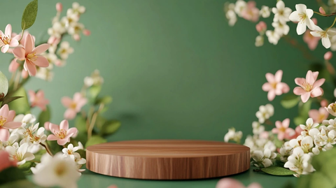 绿色背景木质讲台花艺展示