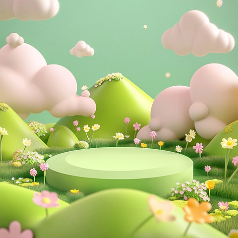 春绿山丘与花朵